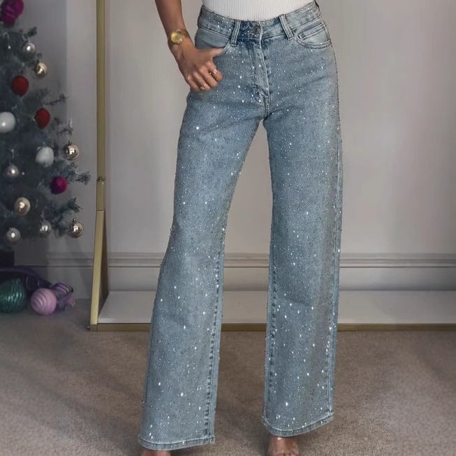 Rhinestone Washed Stretch Straight Jeans