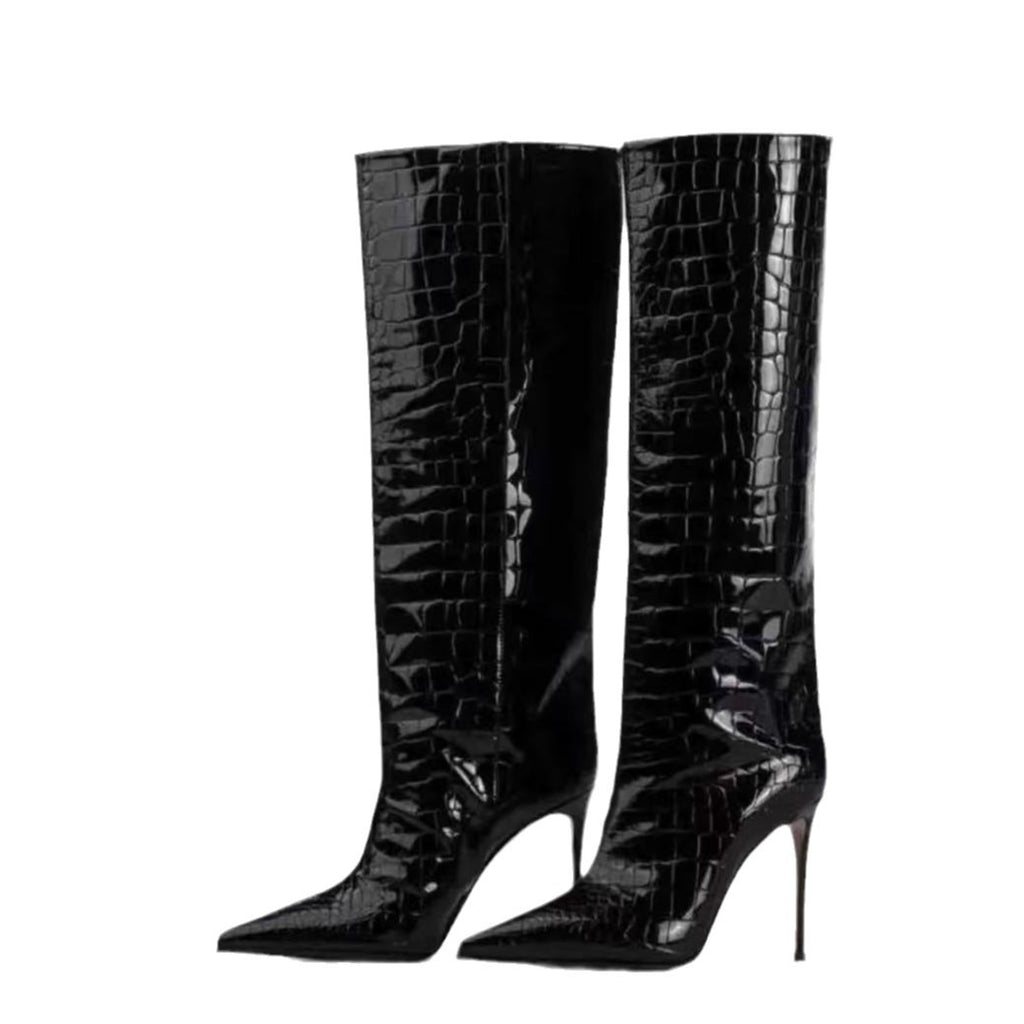 Faux Crocodile Leather Knee-High Boots