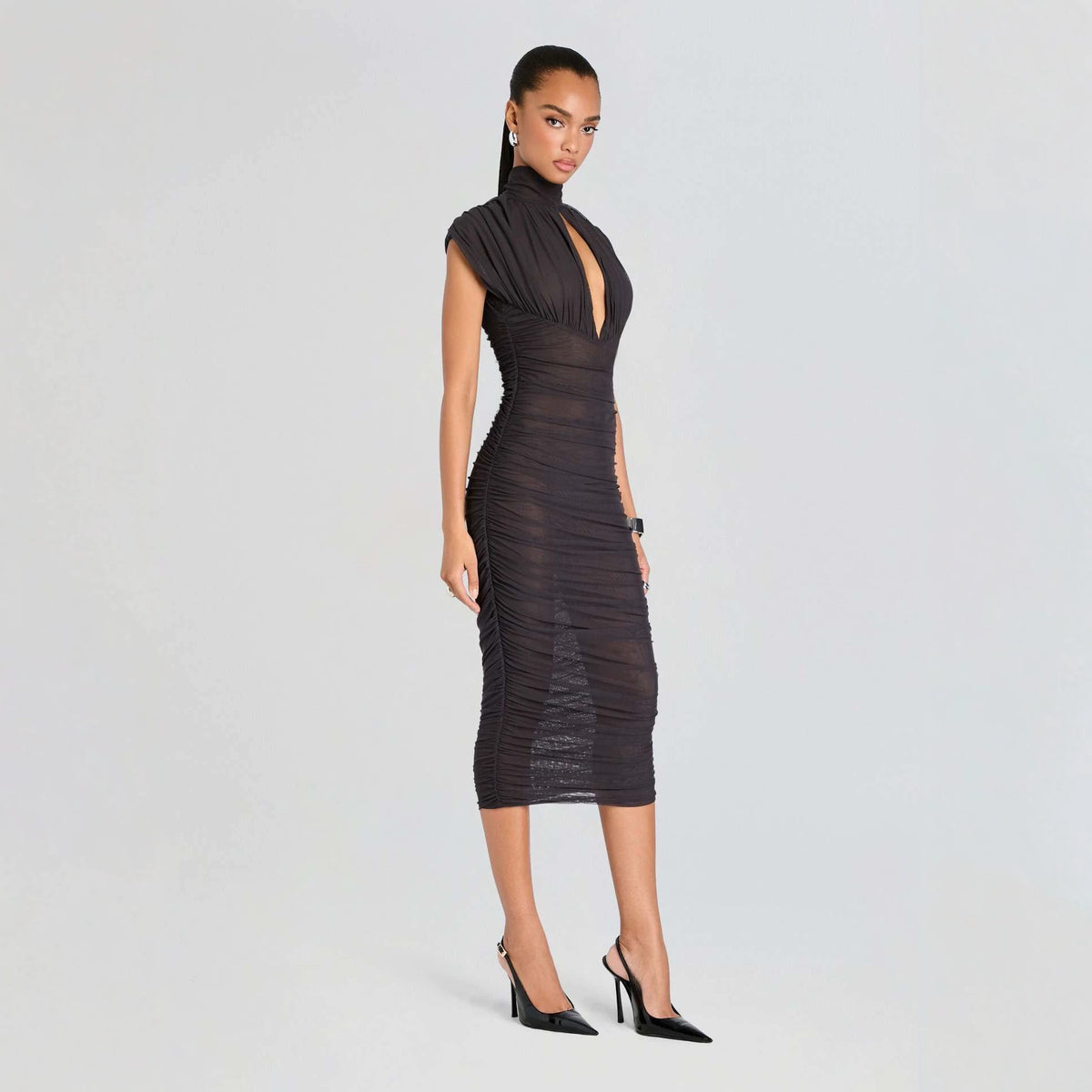 Black Ruched High Neck Cutout Bodycon Midi Dress