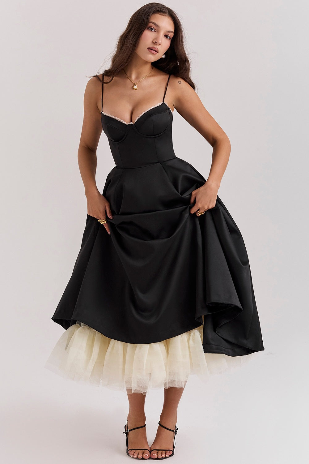Black Satin Corset Midi Dress