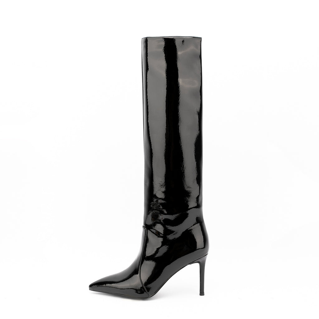 Black Patent Leather Pointed Toe Stiletto Knee High Boots