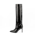 Black Patent Leather Pointed Toe Stiletto Knee High Boots