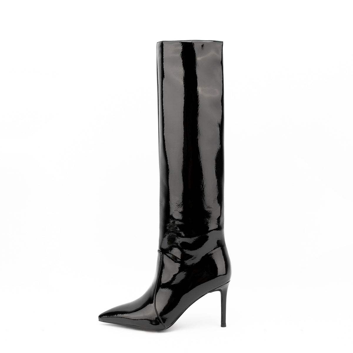 Black Patent Leather Pointed Toe Stiletto Knee High Boots