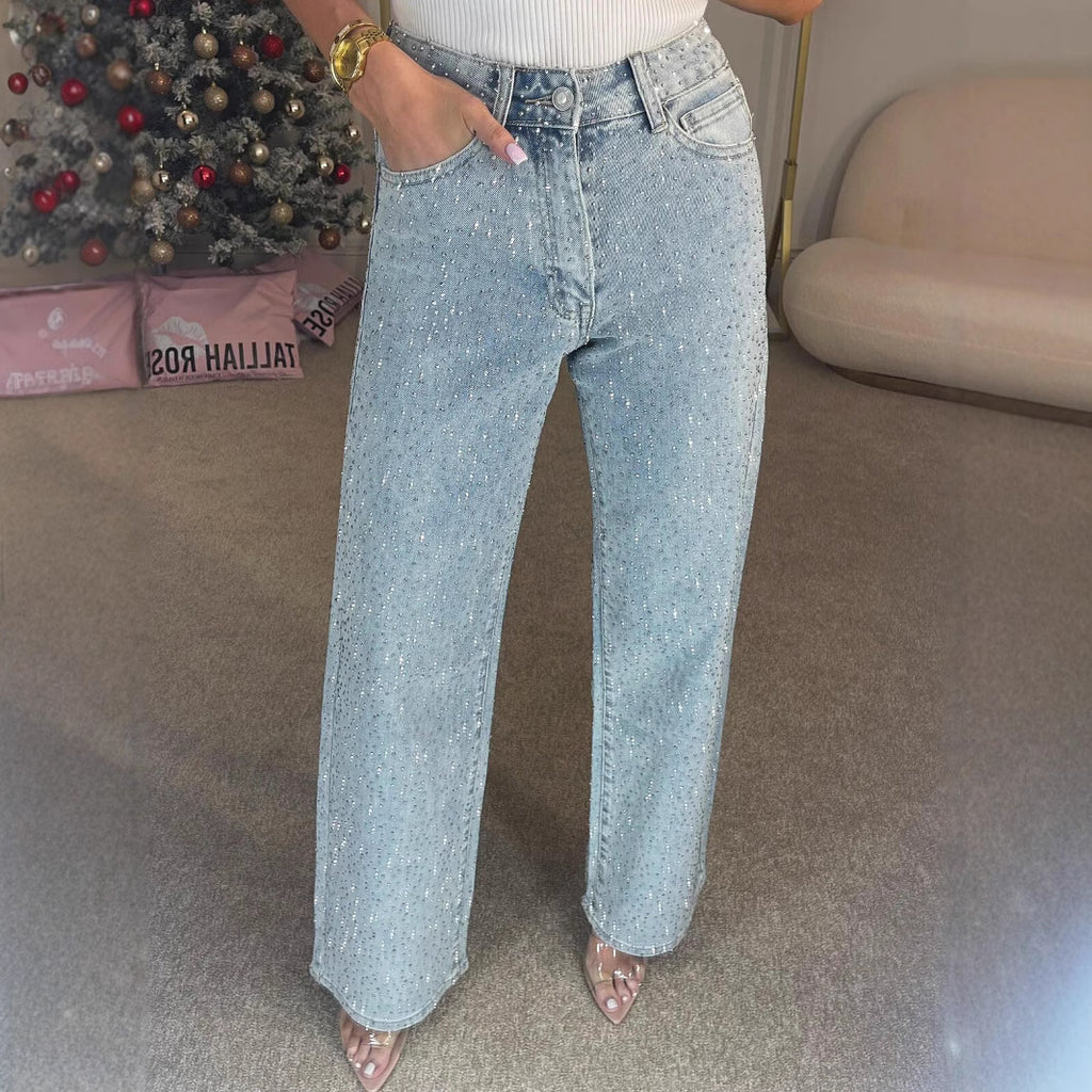 Rhinestone Washed Stretch Straight Jeans