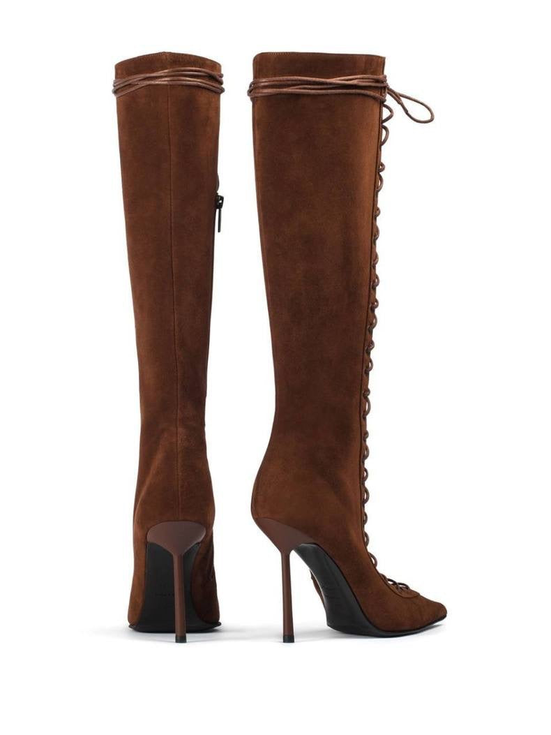 Chocolate Brown Suede Lace-Up Stiletto Knee High Boots