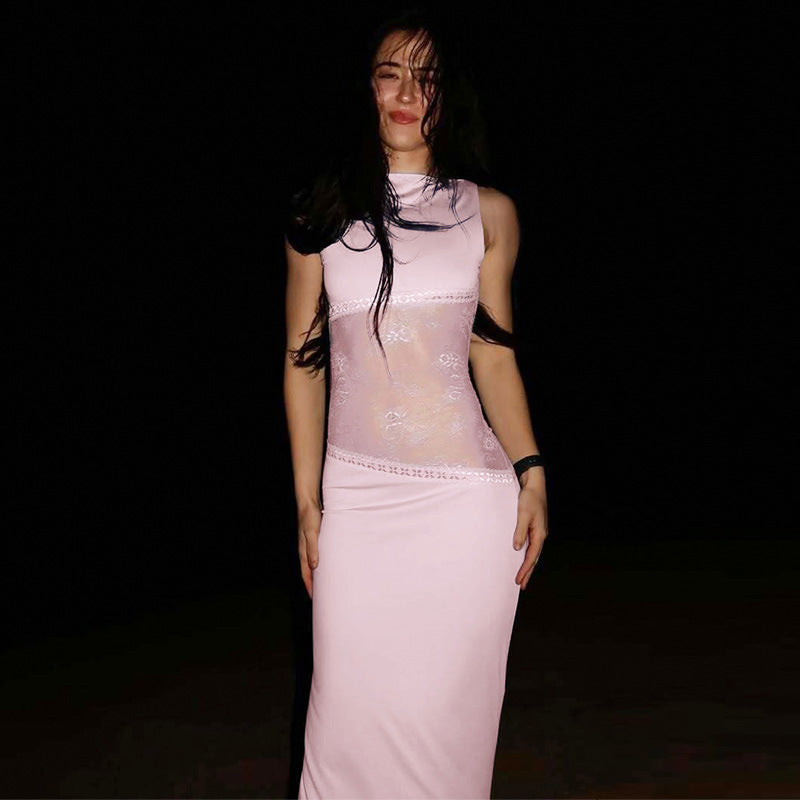 Blush Lace Halo Open-Back Maxi Dress