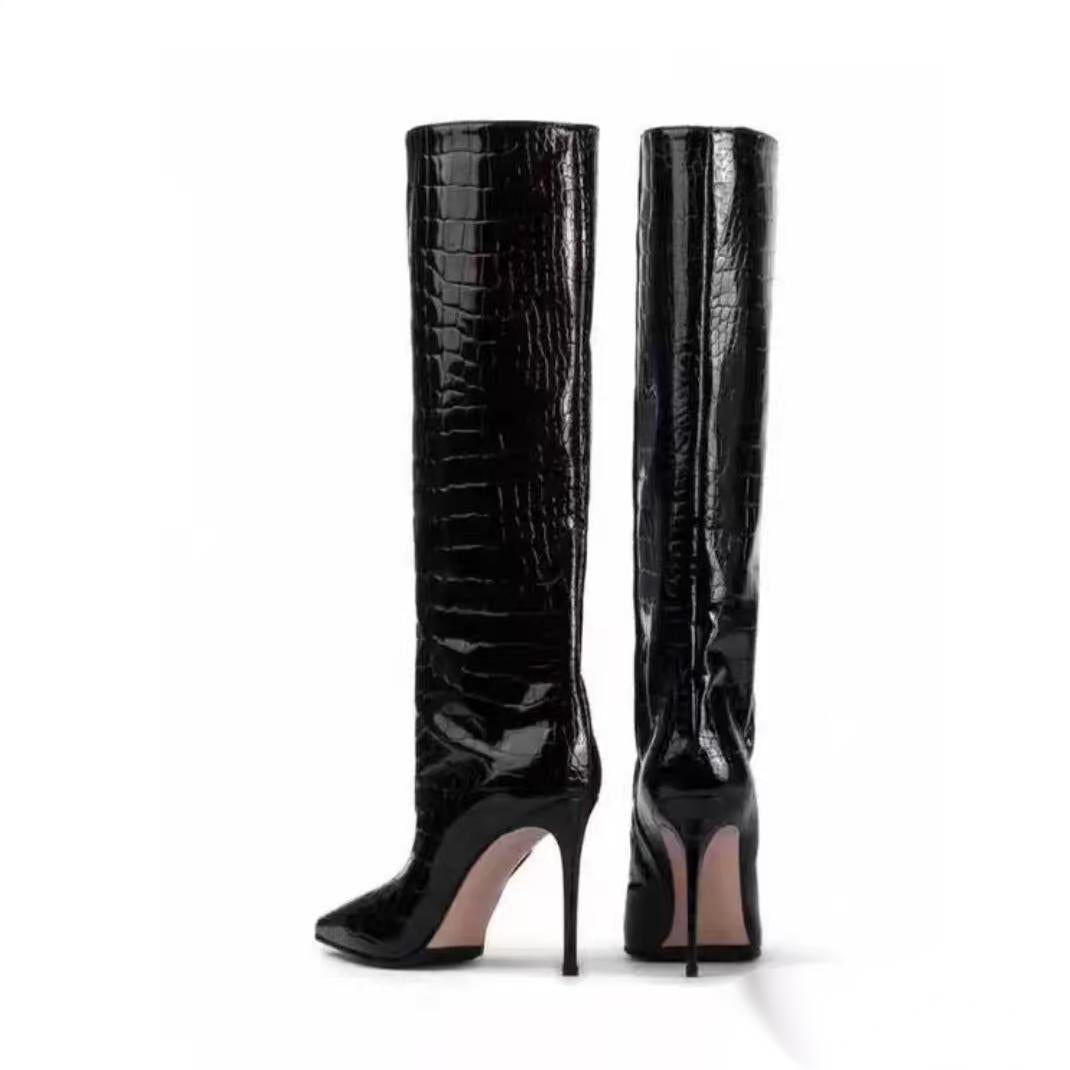 Faux Crocodile Leather Knee-High Boots