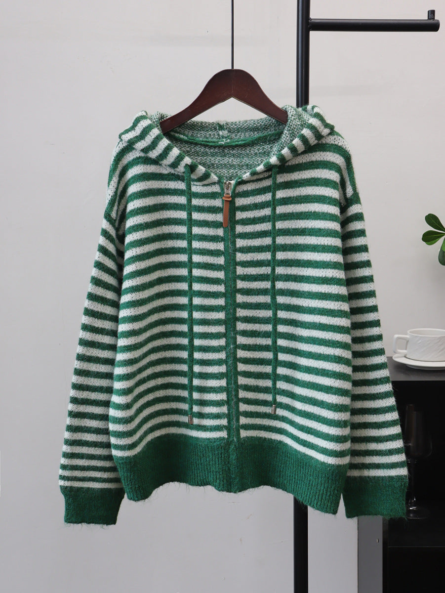 Striped Zip-Up Hoodie Knit Cardigan – Casual Chic