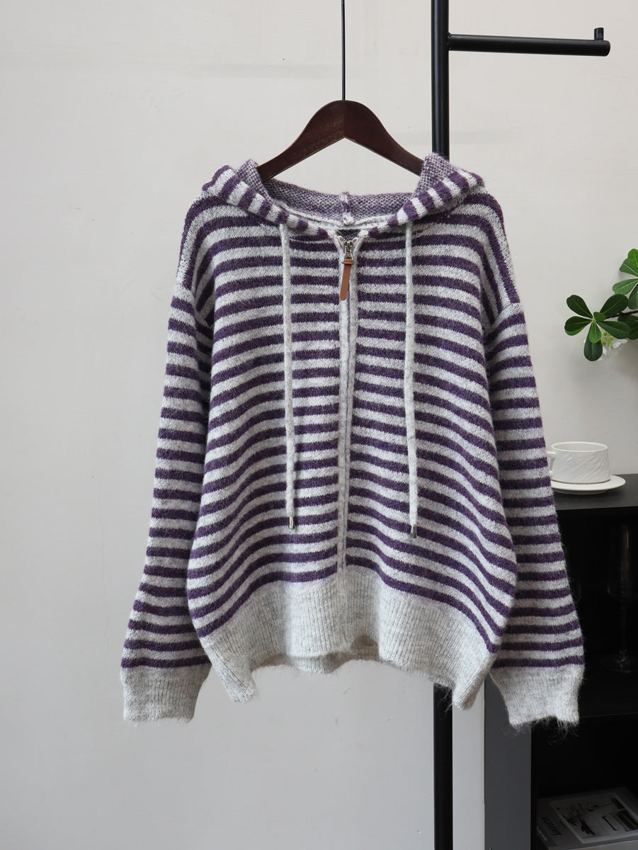 Striped Zip-Up Hoodie Knit Cardigan – Casual Chic