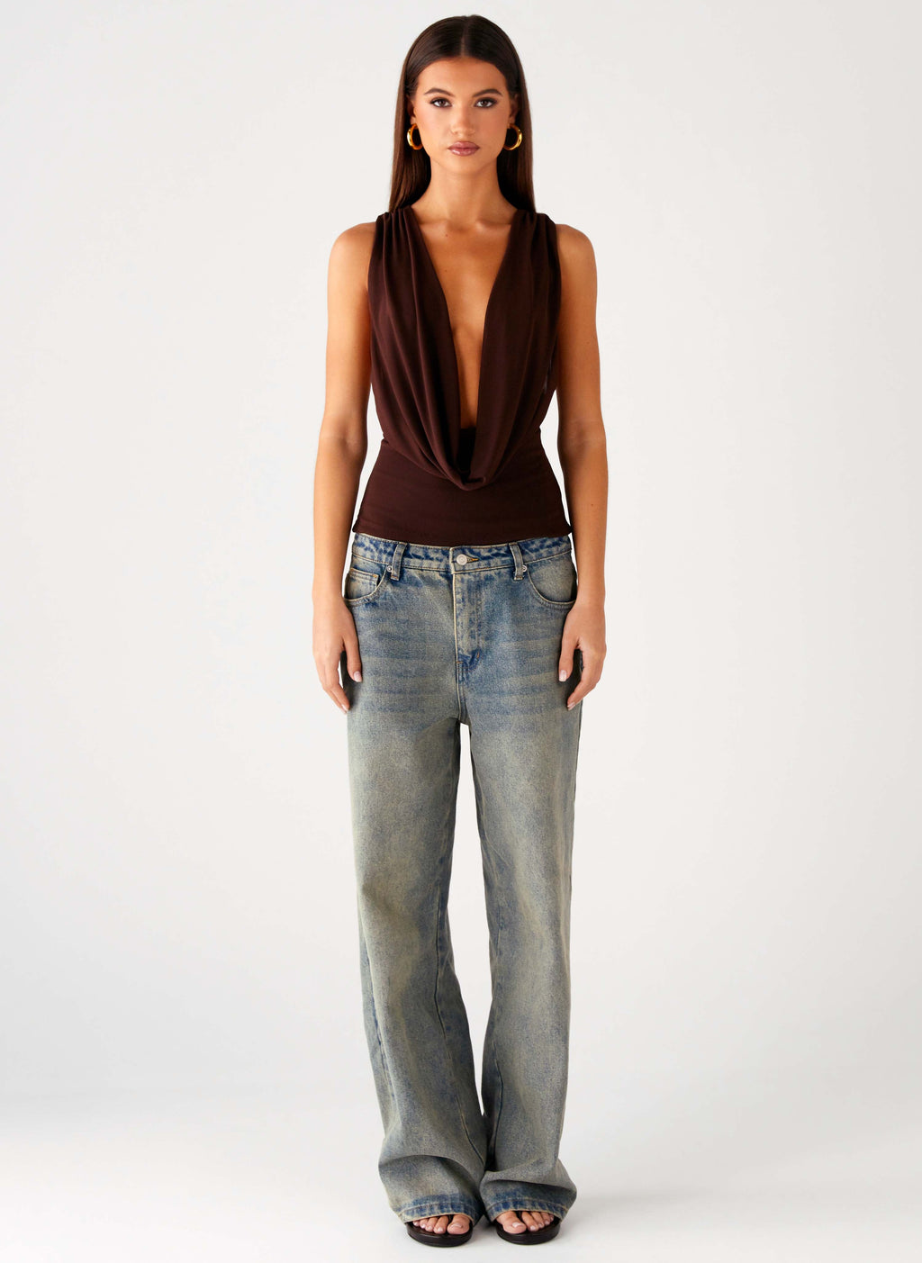 Cocoa Cross-Back Cowl Neck Top