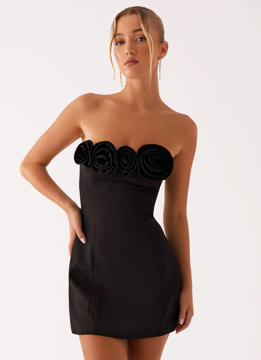 Black 3D Floral Strapless Mini Dress