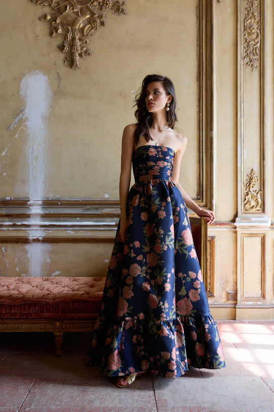 The Regina Dress in Navy Tudor Rose Brocade