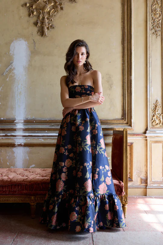 The Regina Dress in Navy Tudor Rose Brocade