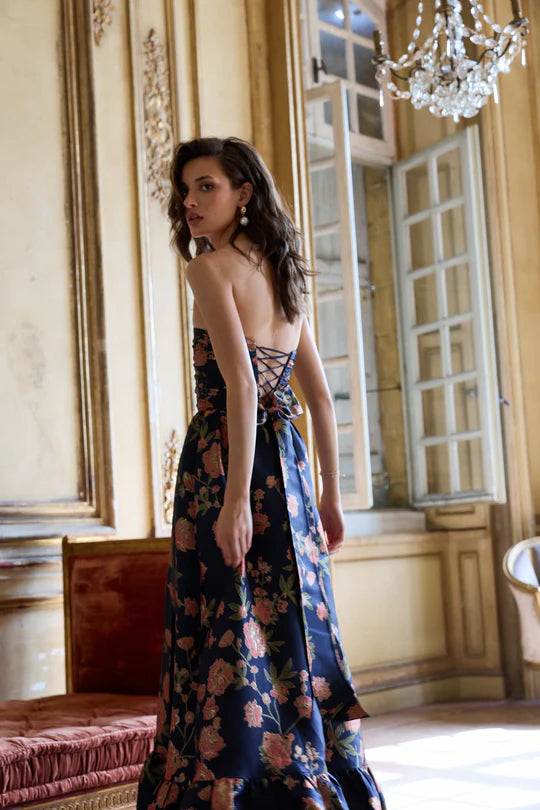 The Regina Dress in Navy Tudor Rose Brocade