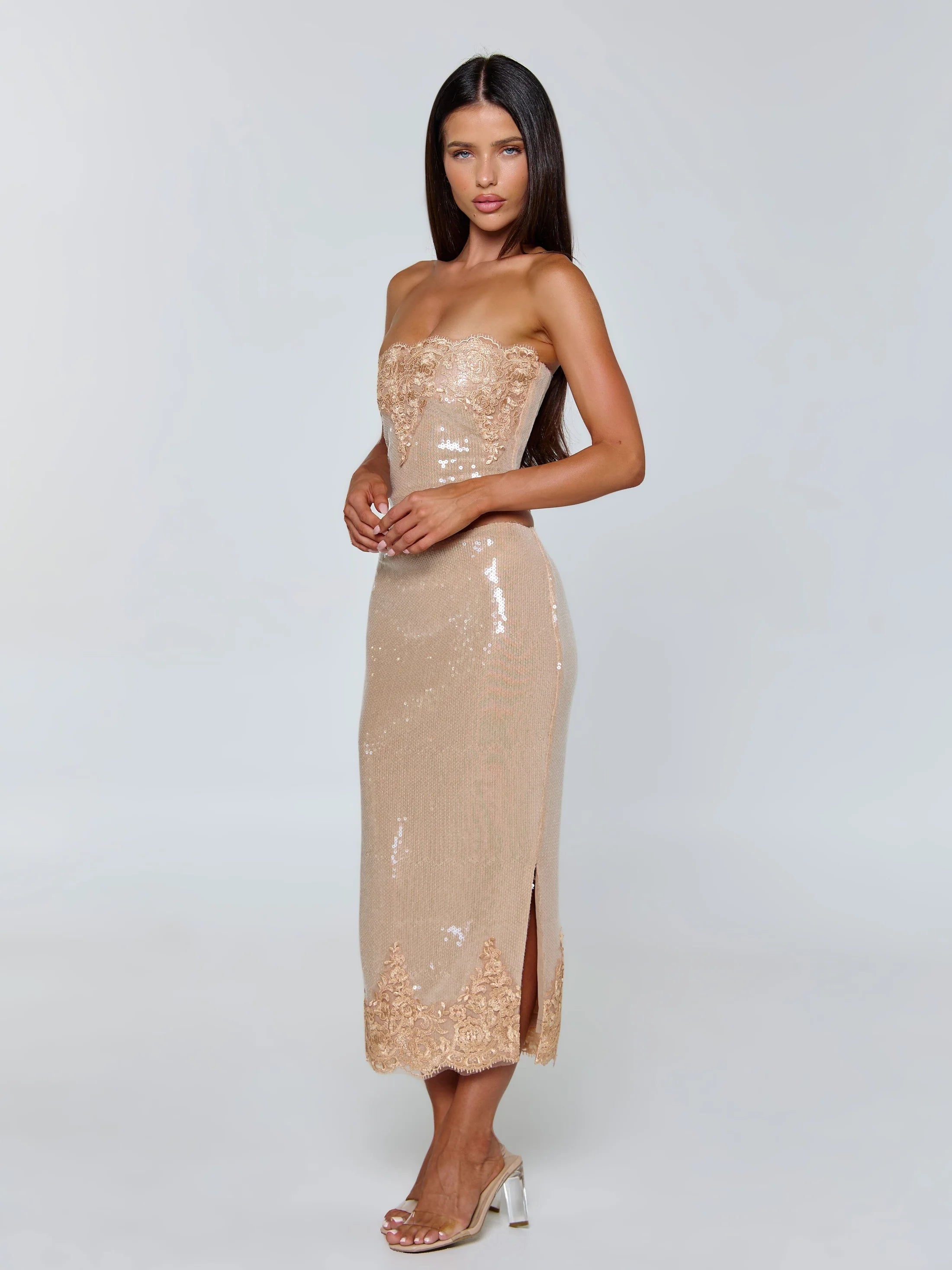 Beige Sparkle Siren Midi Skirt