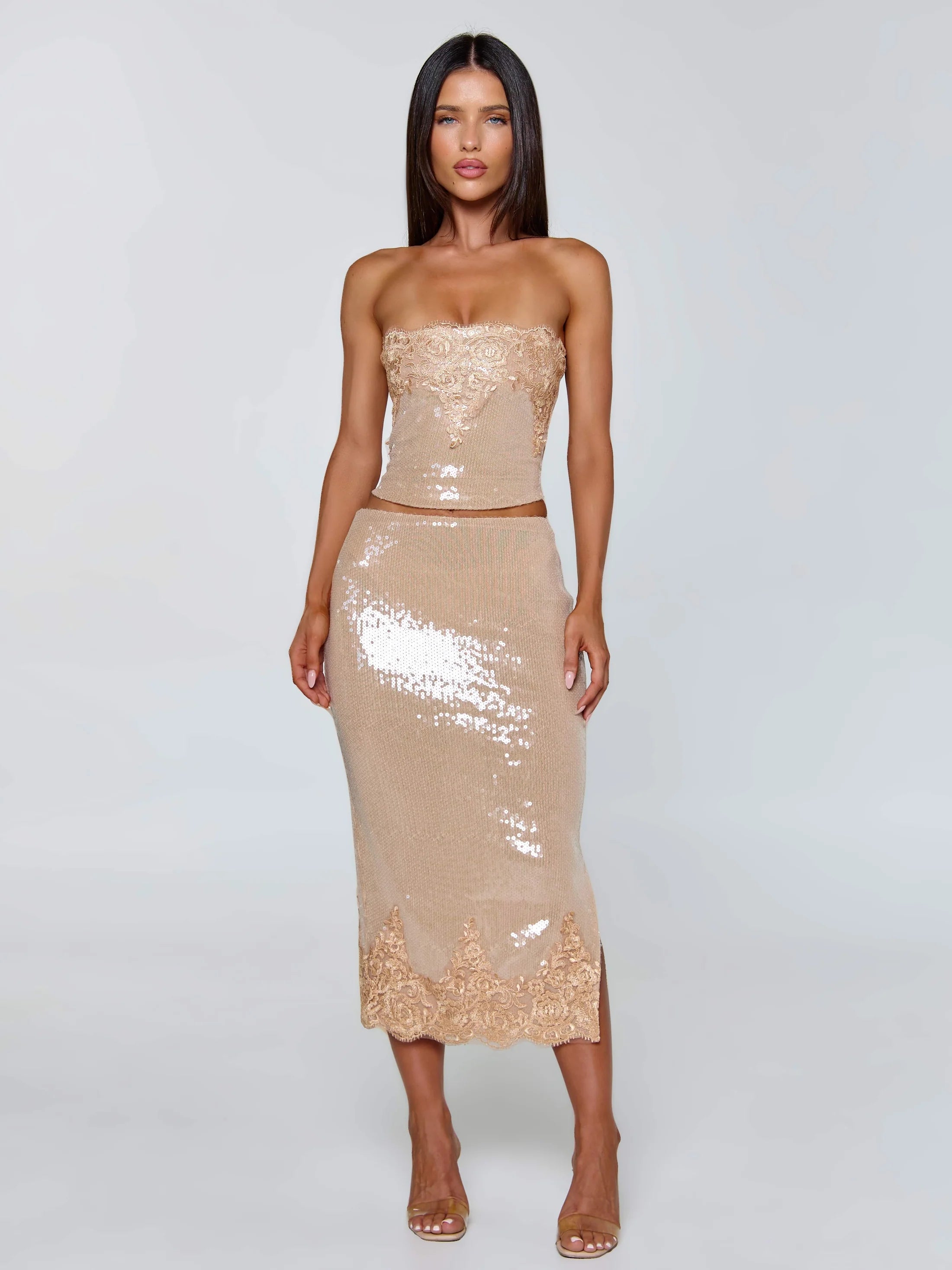 Beige Sparkle Siren Midi Skirt