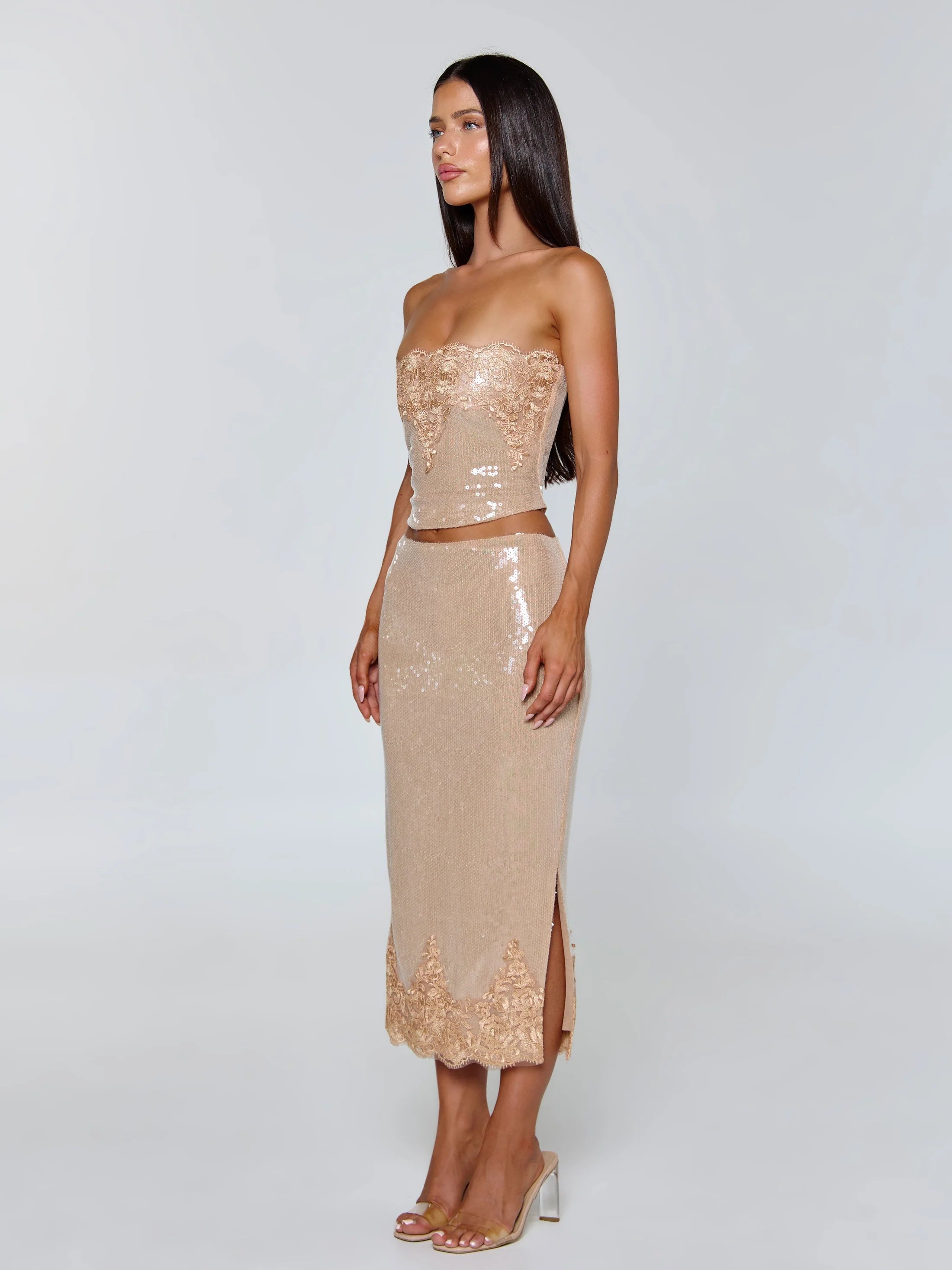 Beige Sparkle Siren Midi Skirt