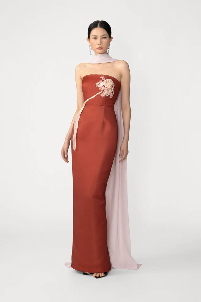 Scarlet Bloom Satin Gown with Scarf
