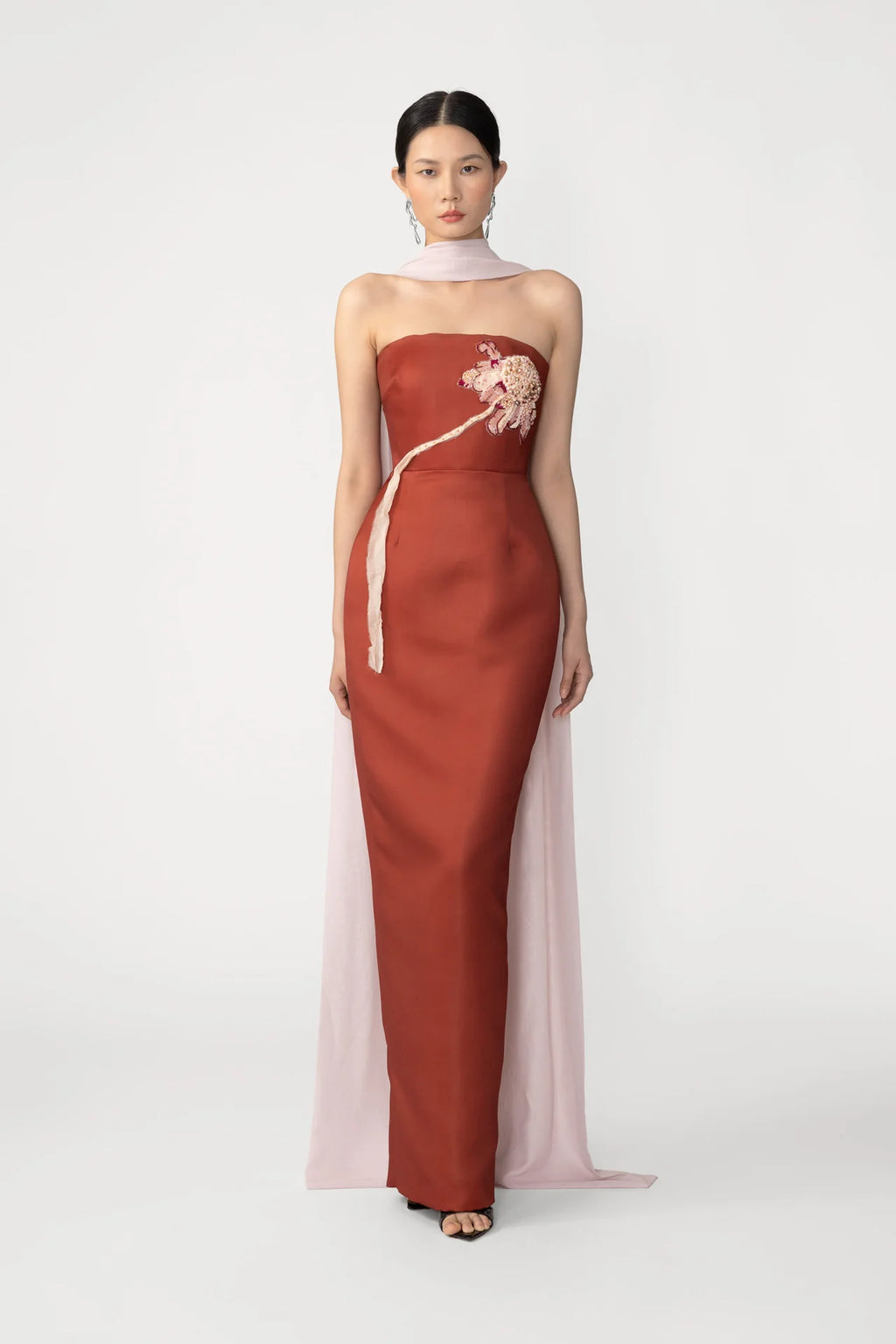 Scarlet Bloom Satin Gown with Scarf