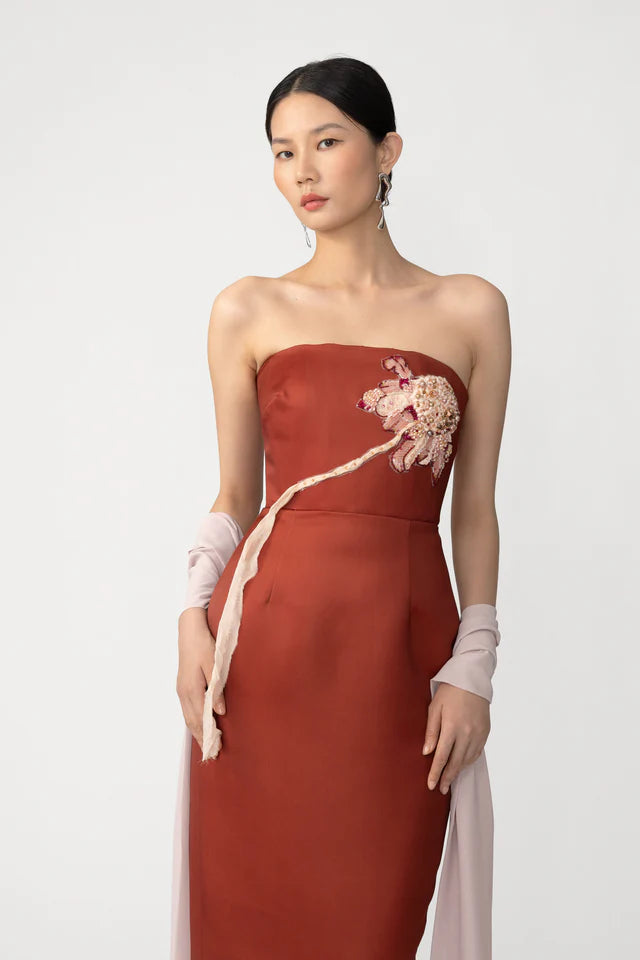 Scarlet Bloom Satin Gown with Scarf