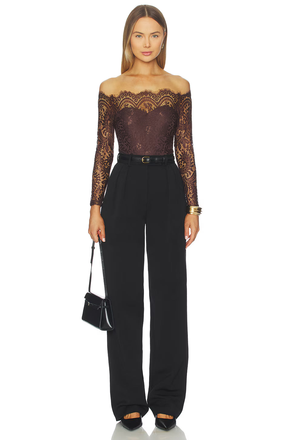 Brown Lace Off-Shoulder Bodysuit – Elegant Allure