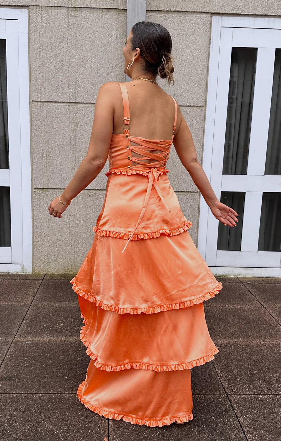 Amber Glow Cascade Maxi Dress