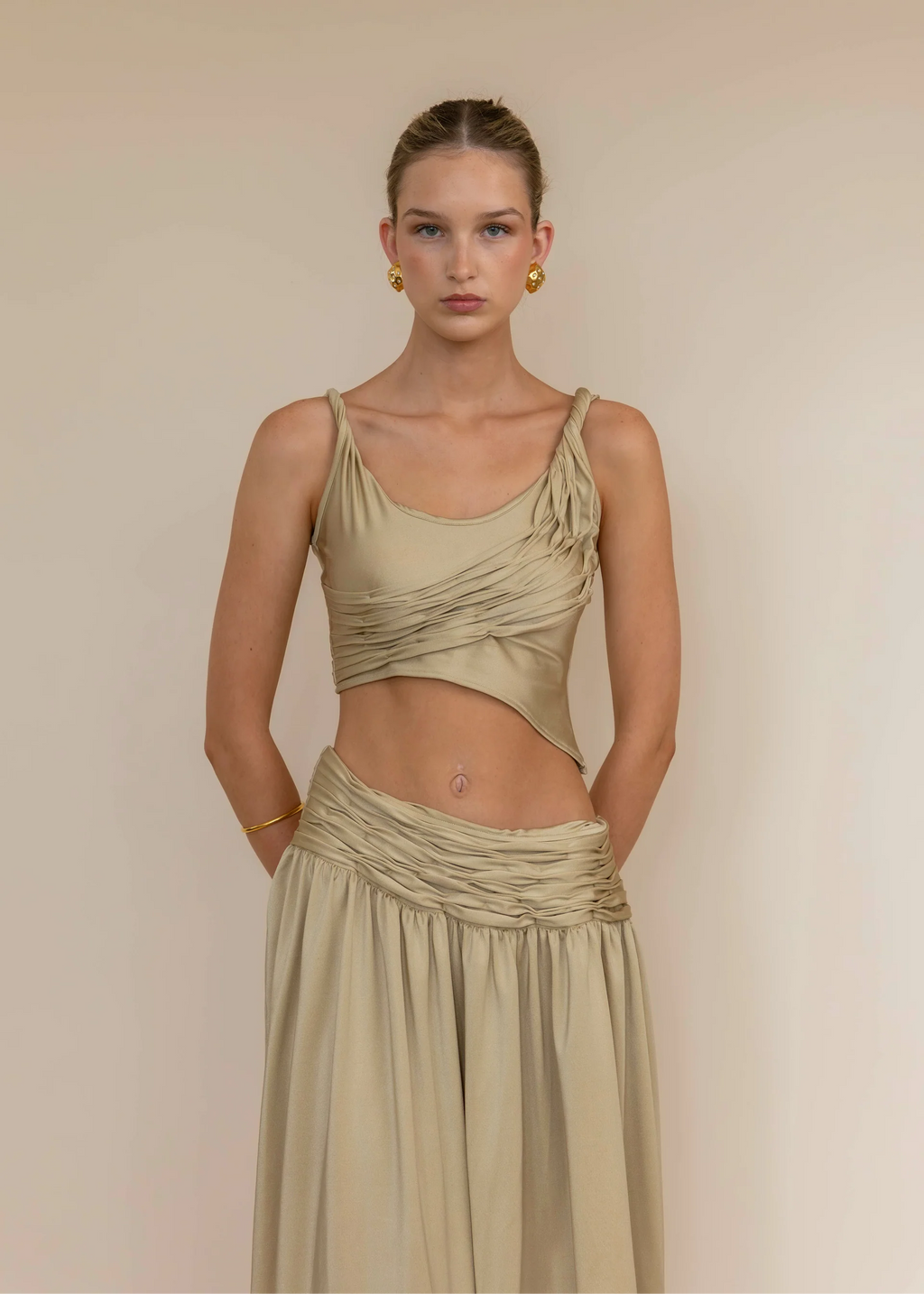 Golden Asymmetry Ruched Crop Top