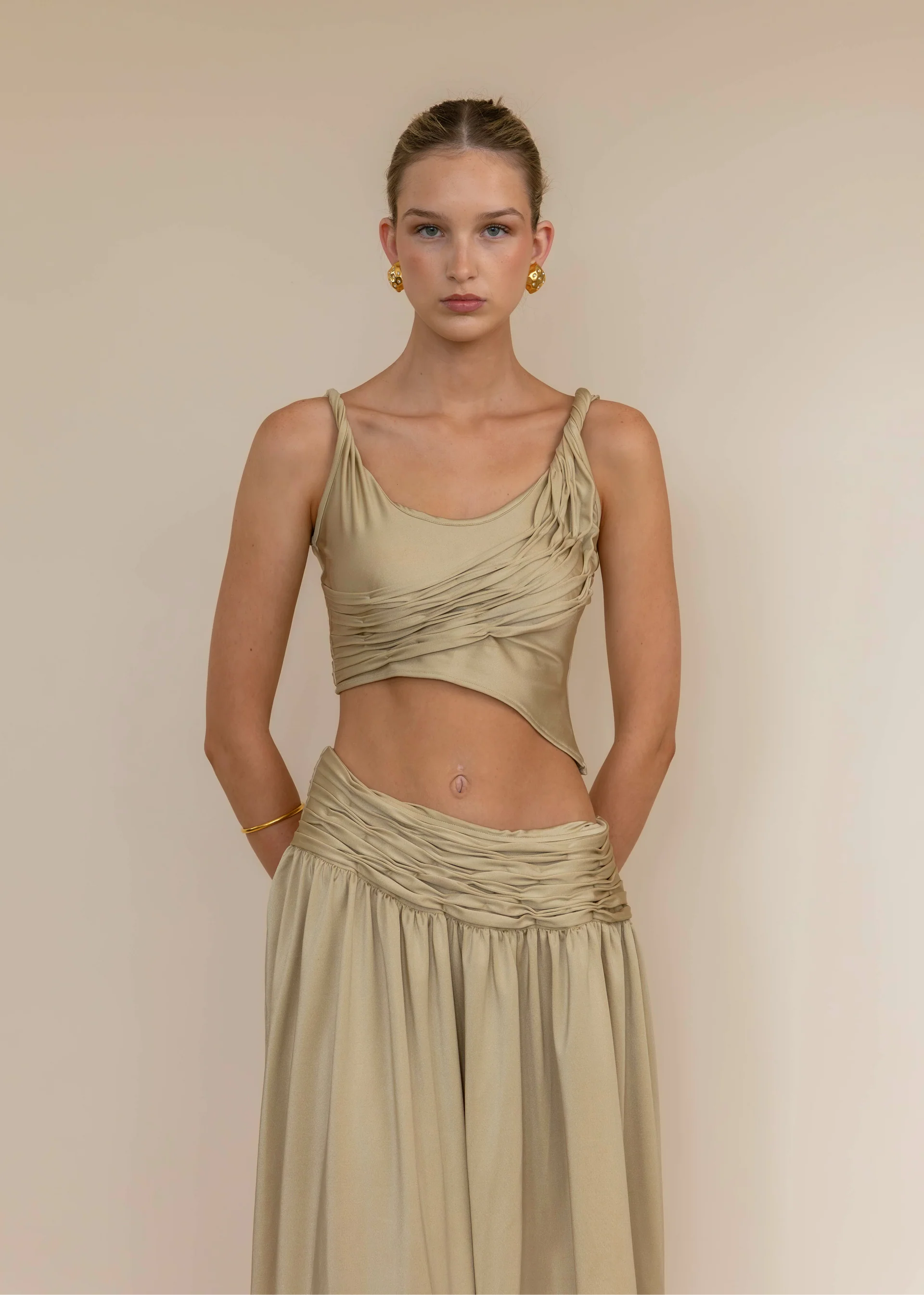 Golden Asymmetry Ruched Crop Top
