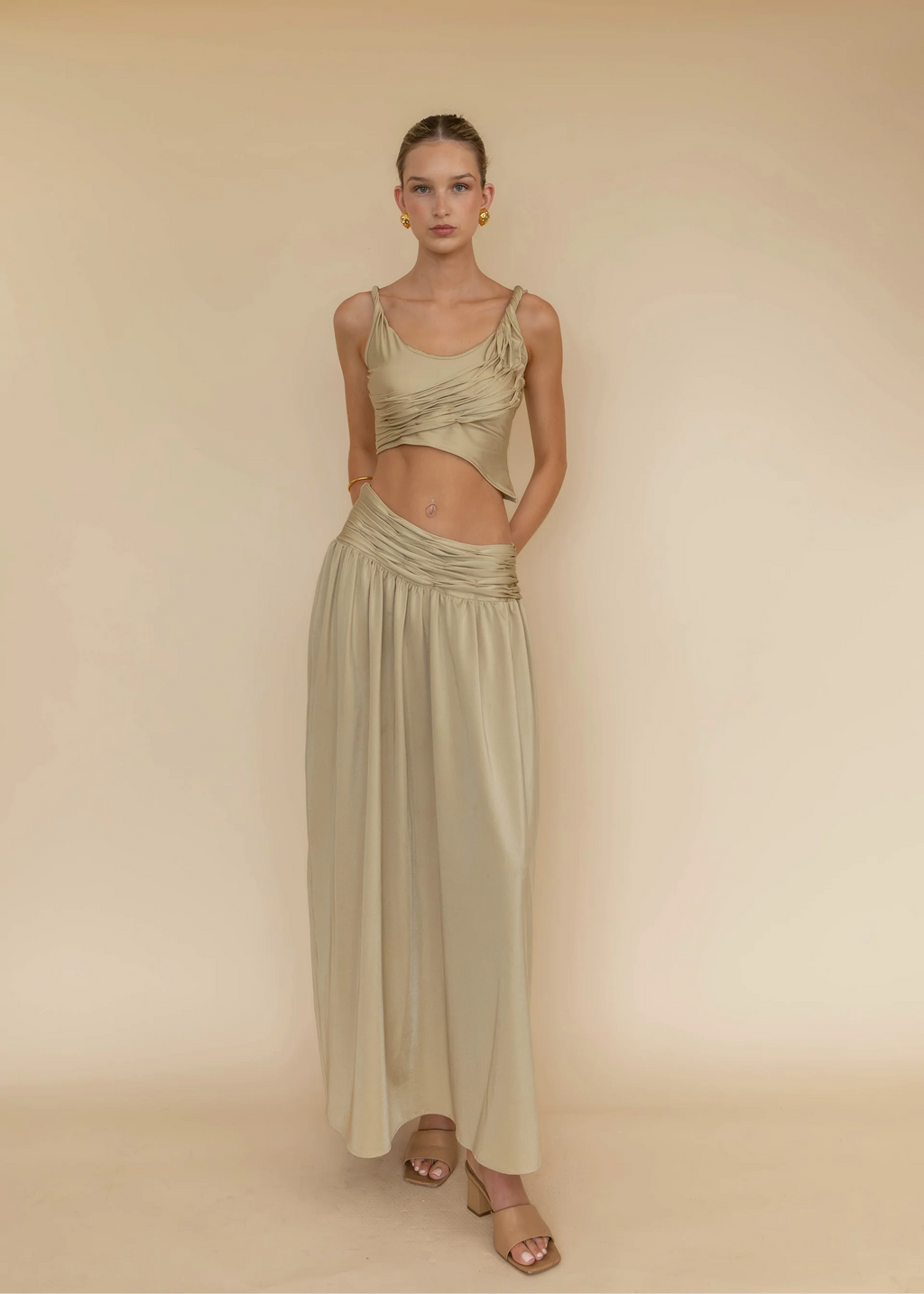 Golden Ruched High-Waist Skirt