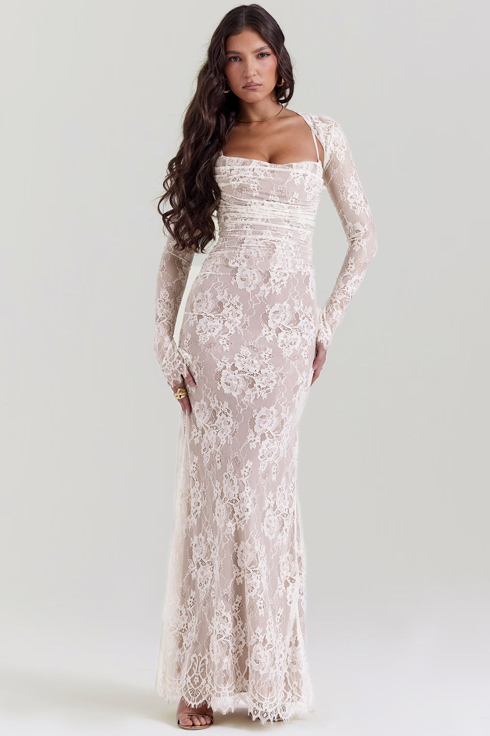 White Lace Corset Maxi Dress With Bolero