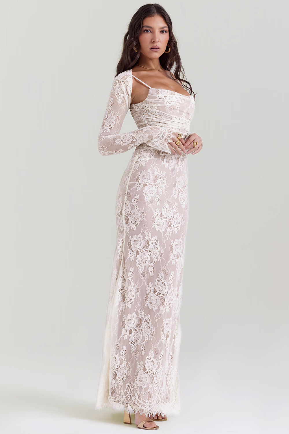 White Lace Corset Maxi Dress With Bolero