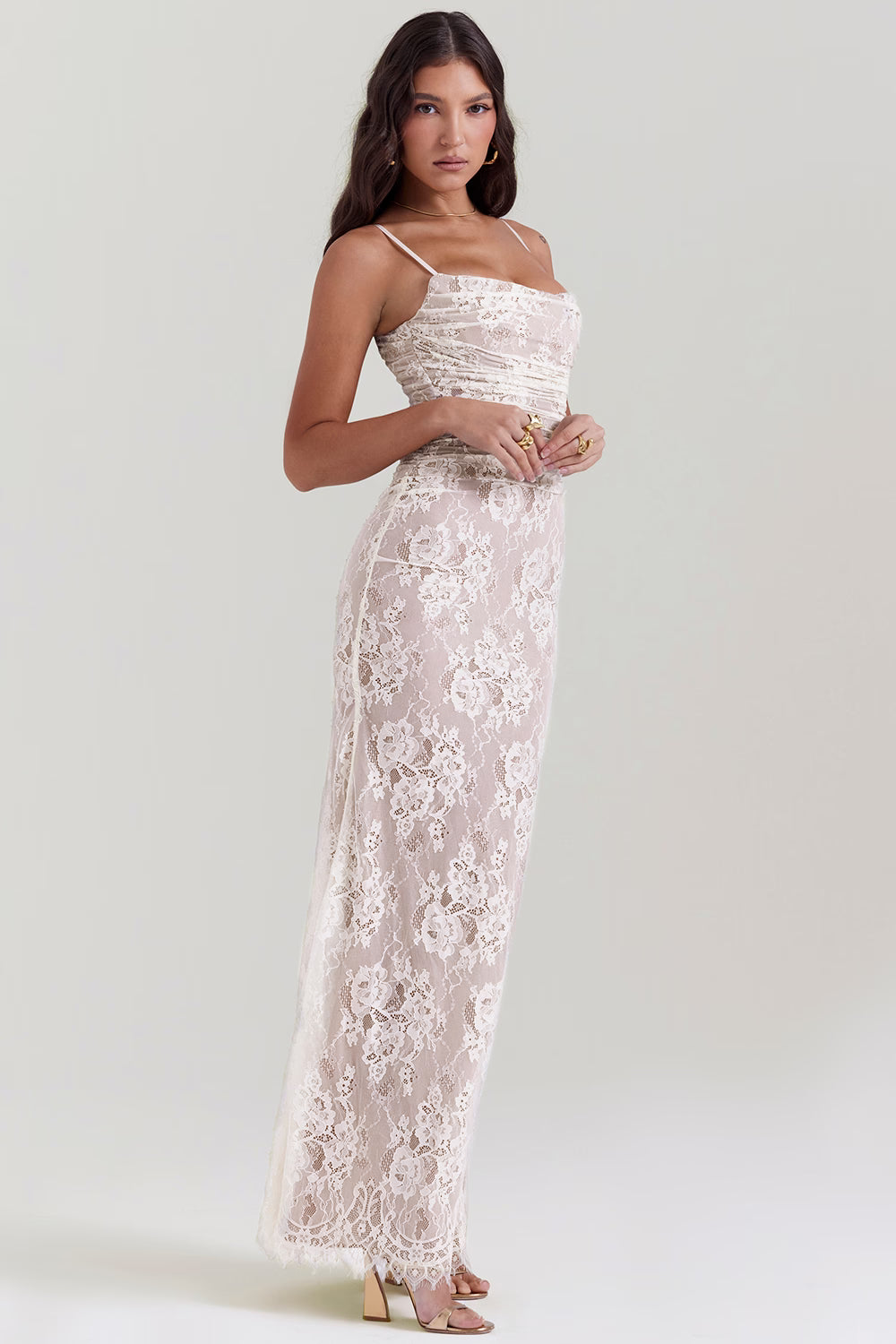White Lace Corset Maxi Dress With Bolero