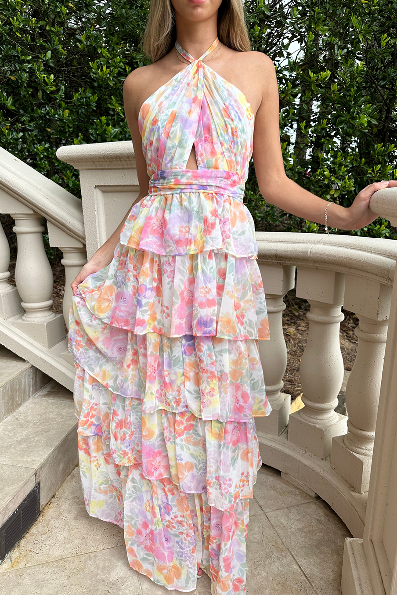 Halter Floral Print Ruffle Tiered Vacation Maxi Dresses