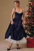 Navy Satin Corset Midi Dress