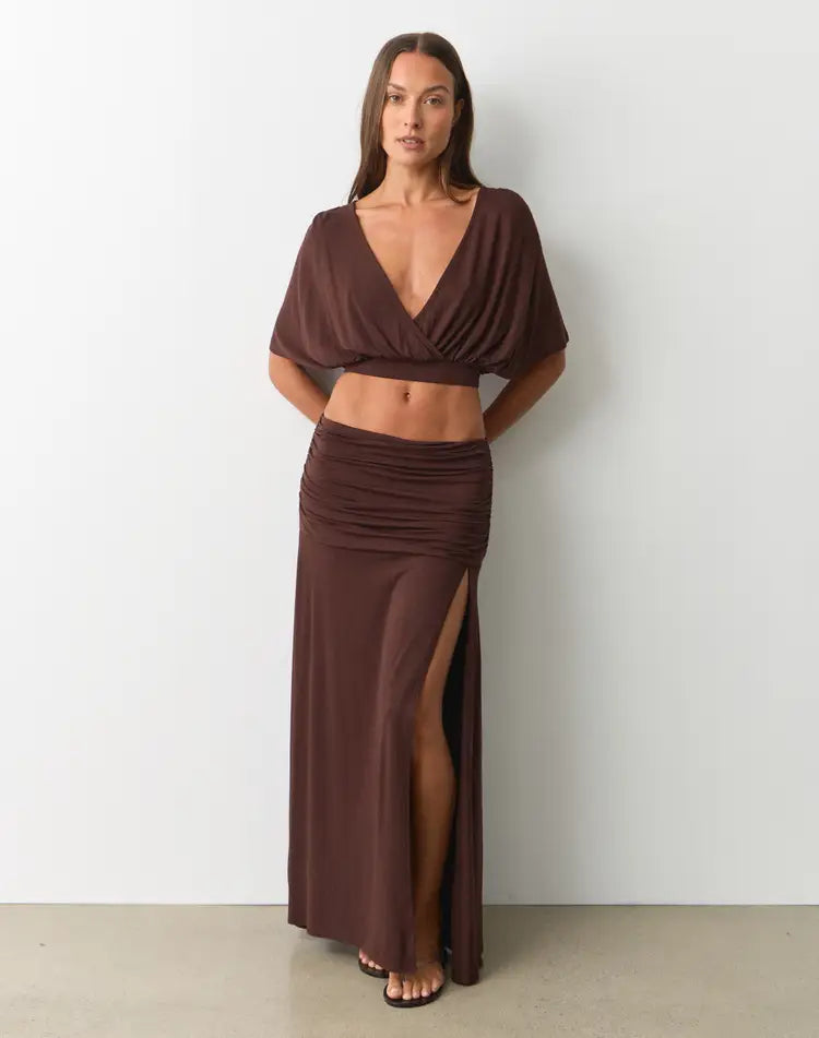 Cocoa Charm Ruched High-Slit Midi Skirt