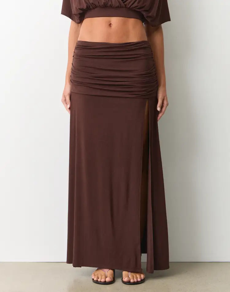 Cocoa Charm Ruched High-Slit Midi Skirt