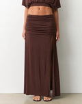 Cocoa Charm Ruched High-Slit Midi Skirt