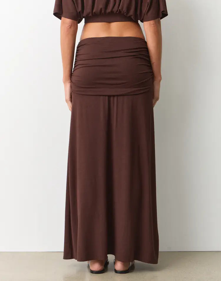 Cocoa Charm Ruched High-Slit Midi Skirt