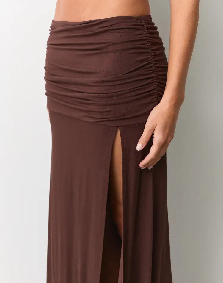 Cocoa Charm Ruched High-Slit Midi Skirt