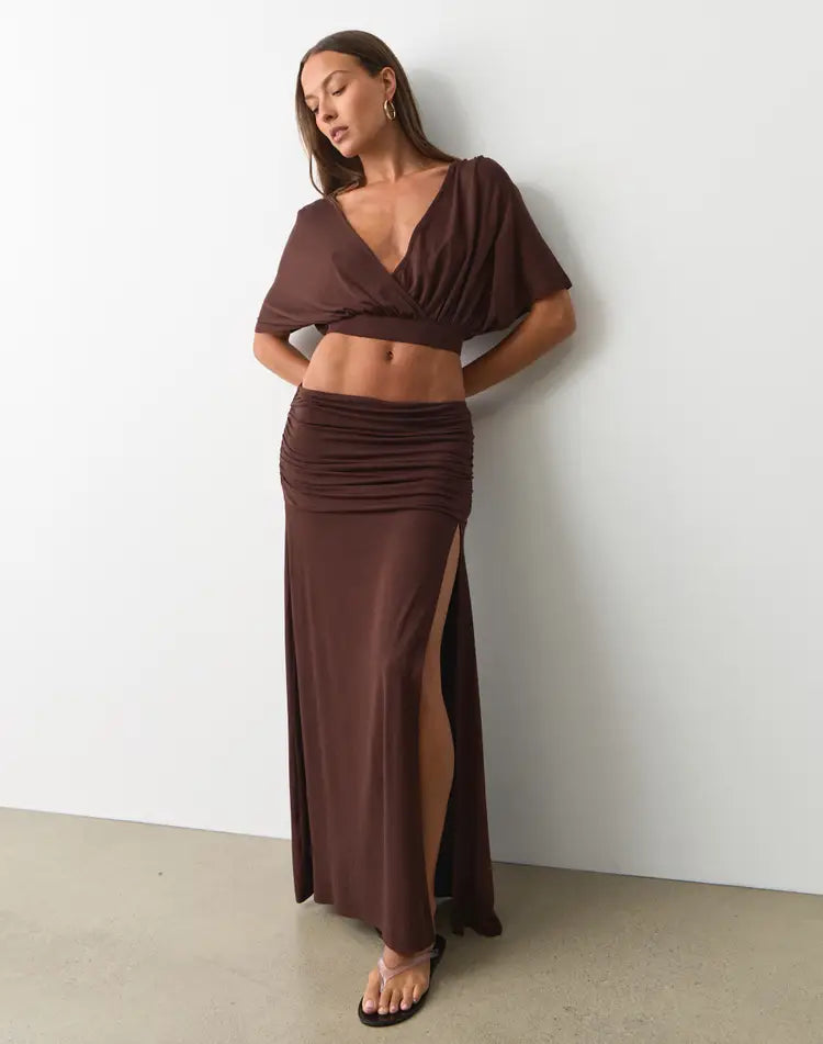 Cocoa Charm Ruched High-Slit Midi Skirt