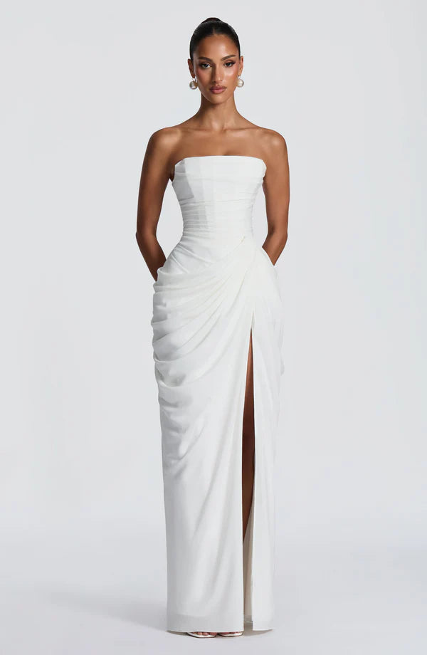 White Corset Slit Maxi Dress Elegant – GlowEllevia