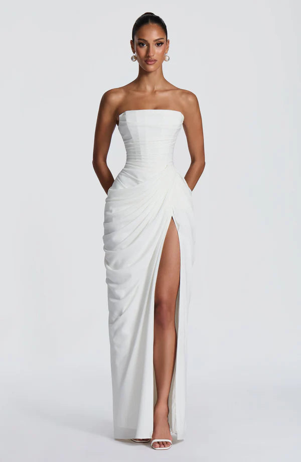 white corset maxi dress Reiss Atelier Textured Corset Detail Maxi Dress in Off White