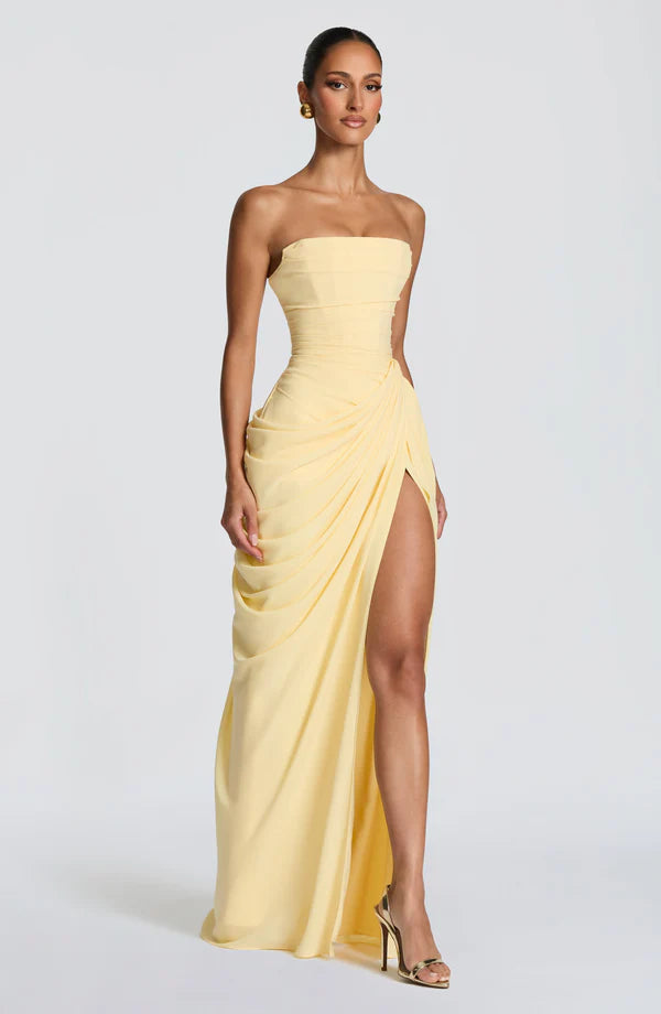 yellow corset dress Clarissa Corset Dress, in Pale Yellow Luxe Satin, Size: Medium | Show Me Your Mumu