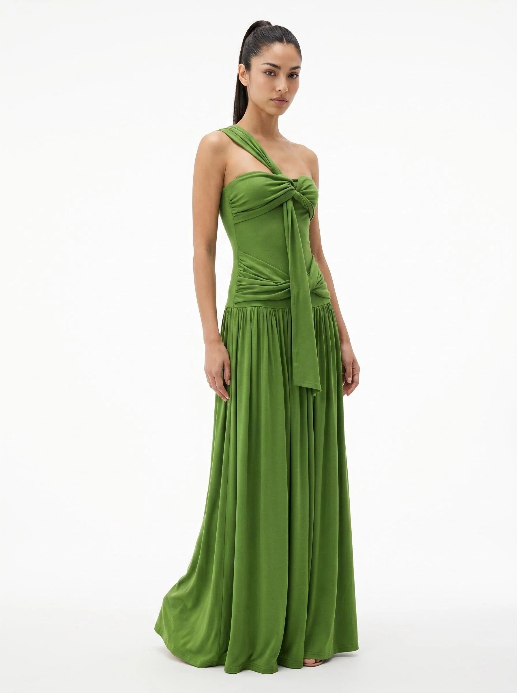 One Shoulder Ruched Green Maxi Dress