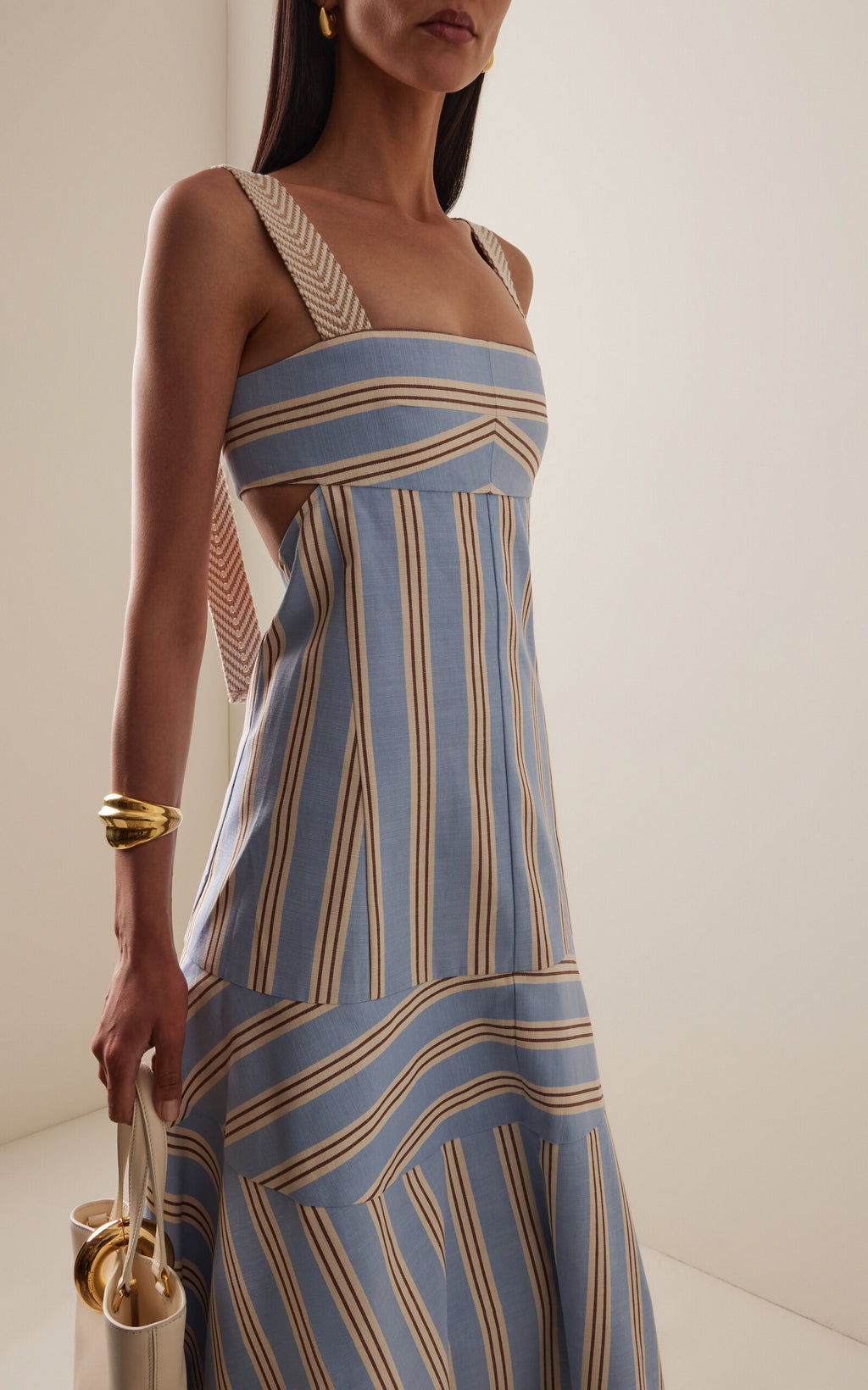 Stripe Woven Open Back Midi Dress
