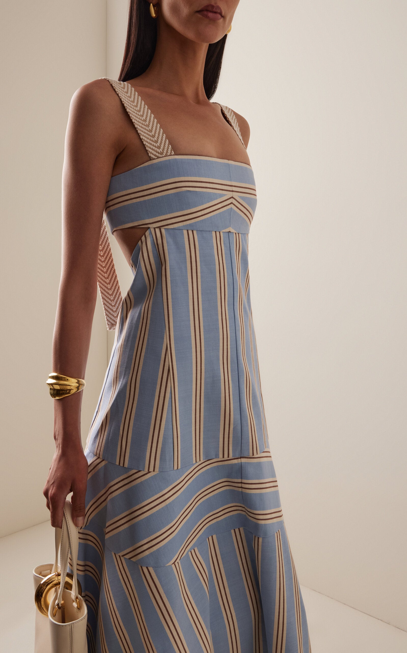 Stripe Woven Open Back Midi Dress