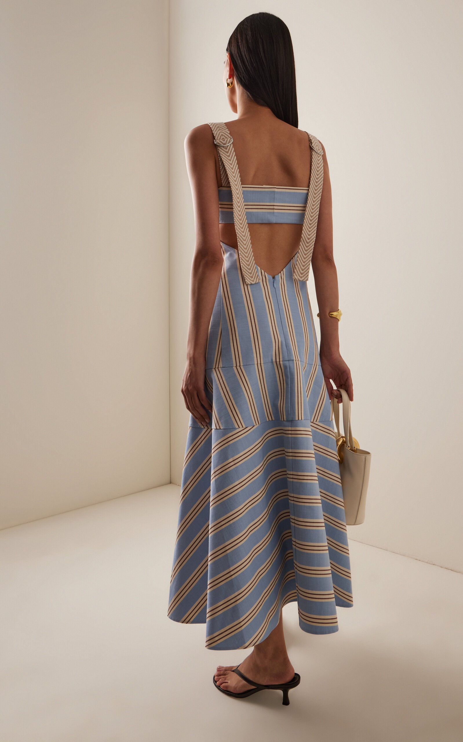 Stripe Woven Open Back Midi Dress