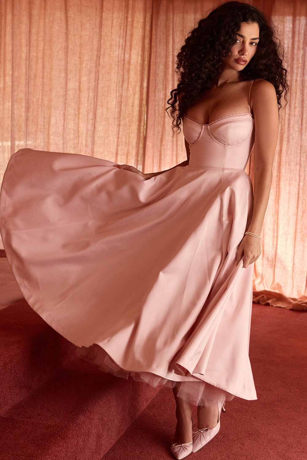 Pink Satin Corset Midi Dress