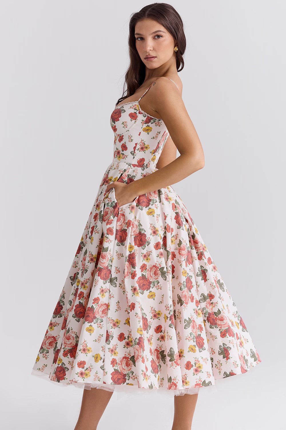 Floral Satin Corset Midi Dress