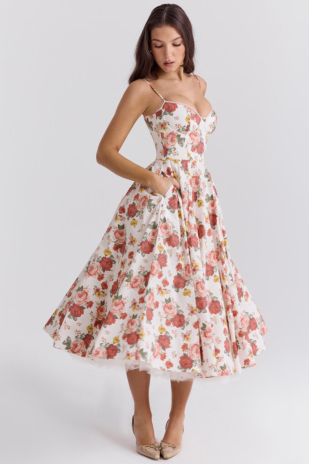 Floral Satin Corset Midi Dress